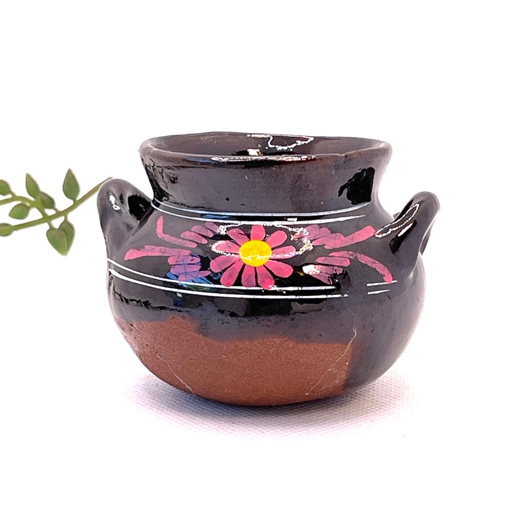 Miniature Mexican Clay Pots Hand-Painted Floral Folk Art set of 2 - Picture 4 of 11